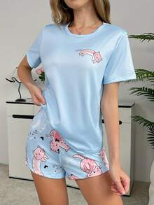 Light Blue Printed Short Sleeve Top And Shorts 2 Pieces Pajama Set For Women - Blue - View 1
