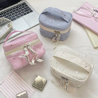 Túi đựng mỹ phẩm cầm tay màu hồng xanh trắng hình ngôi sao, túi đựng đồ dung tích lớn đựng mỹ phẩm, tiền xu, chìa khóa và thẻ, ví cầm tay nữ du lịch, túi đựng đồ trang điểm, túi mỹ phẩm, túi đựng đồ đi nghỉ mát, hộp đựng mỹ phẩm dung tích lớn, đựng son môi, cọ trang điểm, đồ chăm sóc da, điện thoại di động, tiền xu, vật dụng nhỏ, dùng trong nhà, làm quà tặng, đi nghỉ mát và lễ hội Halloween Giáng sinh, đa chức năng, phong cách Boho, thích hợp cho kỳ nghỉ biển, trang trí phòng tắm, trang trí phòng ngủ, dung tích lớn.