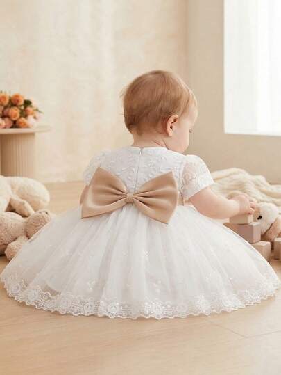 Toddler Baby Girl 0-2 Years White Wedding Flower Girl Dress, Birthday Party Mini Formal Dress
