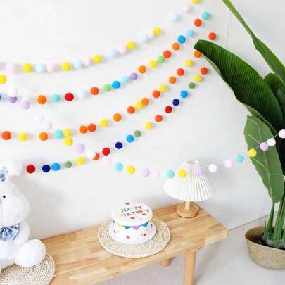 1 Stück bunte Pompon Gardine, sortierte Farben kleine Bälle, fertige Dekoration, geeignet für Geburtstagsfeiern, Hochzeitstisch Dekoration, Regenbogen Pompon Hängedekoration, 1. Geburtstags Dekoration, bunte Pompon Girlande, Makronen bunte Pompon Schnur