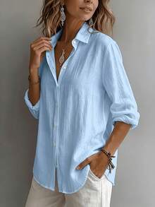 Women's Casual Linen Long Sleeve Button Front Shirt With Collar, A Basic Elegant Blouse - Blue - View 2
