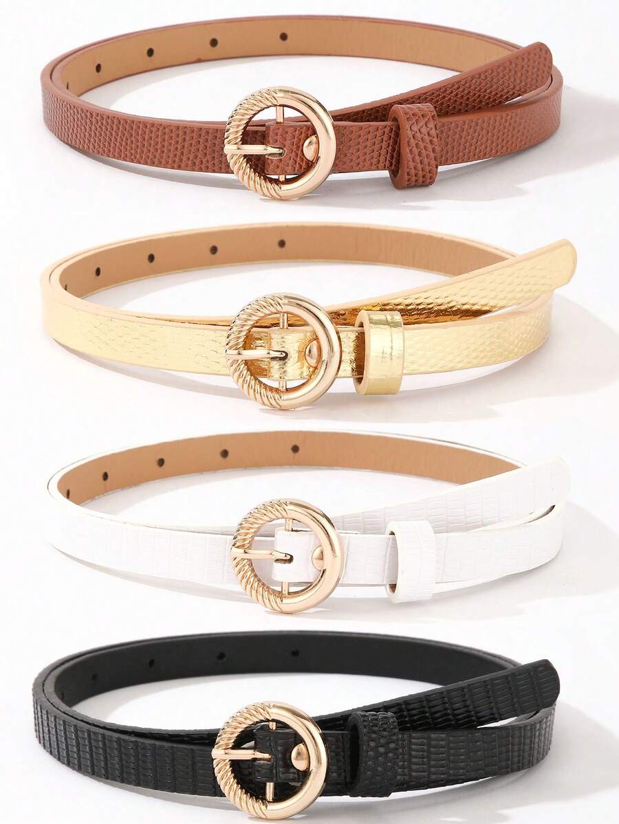 Bộ 4 chiếc thắt lưng mỏng cho nữ, khóa tròn màu vàng, chất liệu giả da cá sấu dập nổi, thích hợp cho váy và quần jeans. - Bộ bốn chiếc nhẫn tròn - Xem 1