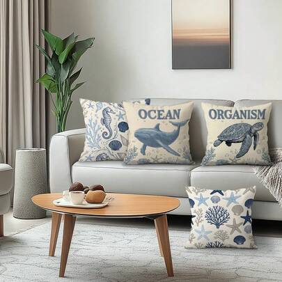 4 piezas Fundas de almohada de terciopelo melocotón con estampado de criaturas marinas, 100% poliéster, decoración para sala de estar, sofá, dormitorio, estilo atmosférico, sin relleno de almohada, 40x40cm/45x45cm/50x50cm