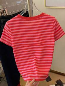经典百搭杏色和棕色条纹优雅夏季女装，休闲圆领短袖T恤 - 紅色 - 查看 2