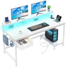 EnHomee 39.3"W Office Gaming Desk With Adjustable Monitor Stand, LED Lights & Power Outlet For Small Space - Xem 1