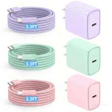 20W 墙式充电器适配器，快速充电 USB-C 电源适配器，配备 100 厘米（3.3 英尺）编织尼龙 USB-C 转 Type-C 充电线，兼容 17 Pro Max/17 Pro/17、16 Pro Max/16 Pro/16、15 Pro Max/15 Pro/15 等机型 - 粉色、紫色、蓝色 - 美規A型插(110-127V) - 查看 2