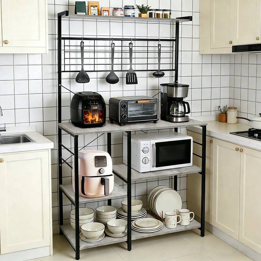 Étagère de Cuisine Industriel - Desserte de Cuisine en Bois - Support pour Micro-Ondes (sans crochets) 90*40*168cm - Gris clair, 90*40*168 cm - Voir 1