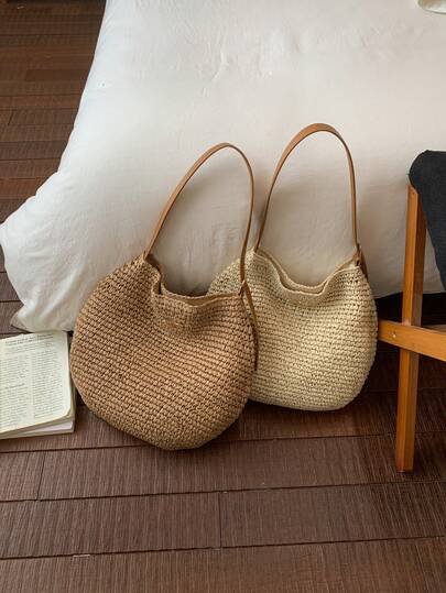 Minimalist Solid Color Woven Natural Straw Crescent Shoulder Bag, French Casual Style, Suitable For Spring/Summer Beach, Commute, Leisure, Adjustable PU Leather Strap, Daily Commute, Shopping, Summer Beach Vacation, Picnic