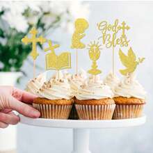 12pcs Paper Cake Decorations - Glitter Doves, Chalice, Bible, Christening, First Communion, Baptism, Baby Shower, Birthday Party Cake Decor - Multicolor - View 2