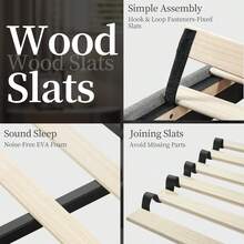 4ft6 Double Upholstered Platform Bed - Adjustable Square Tufted Headboard, Linen Fabric With Sturdy Wooden Slat Support, Beige (No Box Spring Needed) - Light Grey - View 6