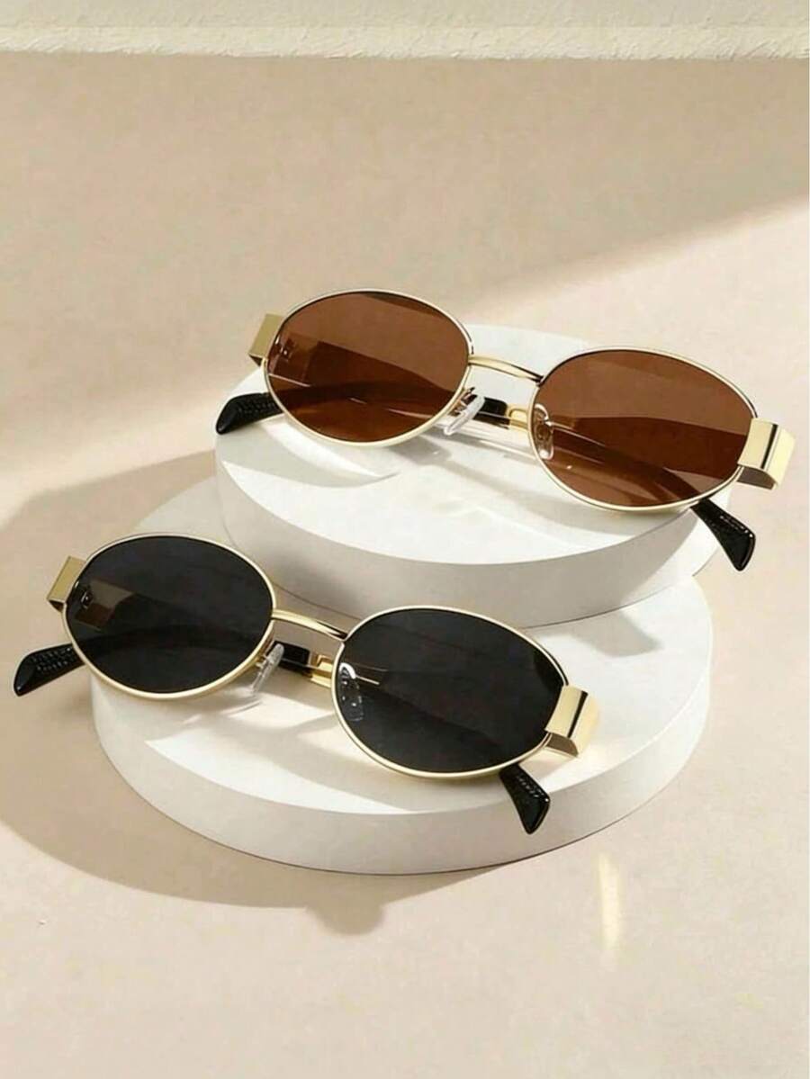 2 Pairs Oval Personalized Metal Fashion Eyeglasses, Retro Style, Women's Fashion Accessory, Suitable For Summer Beach, Outdoor Activities And Travel - Multicolor - View 1