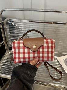 多巴胺时尚高品质单肩斜挎包，休闲百搭饺子造型复古奢华格纹迷你手提包，女士款 - 酒紅色 - 查看 8