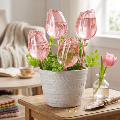 12pcs Pink Tulip Shaped Slim Watering Globes. Suitable For Indoor And Outdoor Potted Plants, Hanging Baskets, Also Can Be Used As Gardening Tools And Lawn Care Products.