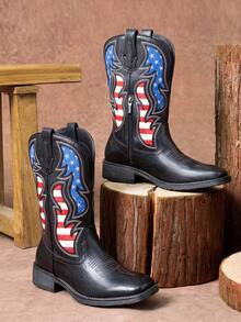 SHOESMALL Men's Black Cowboy Boots Western Boots Side Zipper American Flag Retro Square Toe Mid-Calf Boots For Men - 黑色 - 查看 4