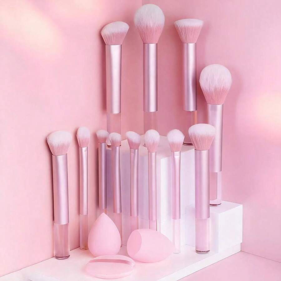 12pcs Multi-Functional Makeup Brush Set - Powder, Blusher, Foundation, Eyeshadow, Contour Brushes + Angled Makeup Sponge, Round Makeup Sponge, Pink Makeup Puff,Brush Set,Makeup Brush Kit,Make Up Brush Set,Make Up Set Complete,Makeup Brush Set,Complete Makeup Kit,Brush Kit,Brushes Makeup Set,Makeup Gift Set - 粉色 - 查看 1