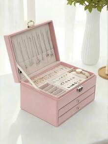 1pc Large-Capacity Three-Layer Jewelry Box,[US-Based Shipping]Pu Leather Multi-Functional Jewelry Box, Watch Box With Lock, 3-Layer Large Capacity Jewelry Storage Box,For Earrings, Rings,Watches,Bracelets And Other Accessories, Organizing And Storing - 粉色 - 查看 6