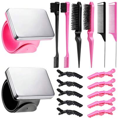 10 piezas Kit de herramientas para peinado, que incluye 2 muñequeras magnéticas, 6 peines y cepillos para peinado, 10 pinzas de cocodrilo grandes, herramientas para trenzar, esencial para estilistas. Contiene cepillo para línea del cabello, cepillo para resaltar, peine de cola de rata, agujas de silicona adecuadas para cabello negro, ideal para puntas abiertas, trenzado y peinado, set de accesorios para el cabello, suministros de peluquería para el hogar