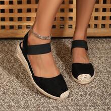 Woven Closed Toe, Velvet Single Elastic Band, Lightweight Hemp Rope Fashion Wedge Shoes For Women - Black - View 8