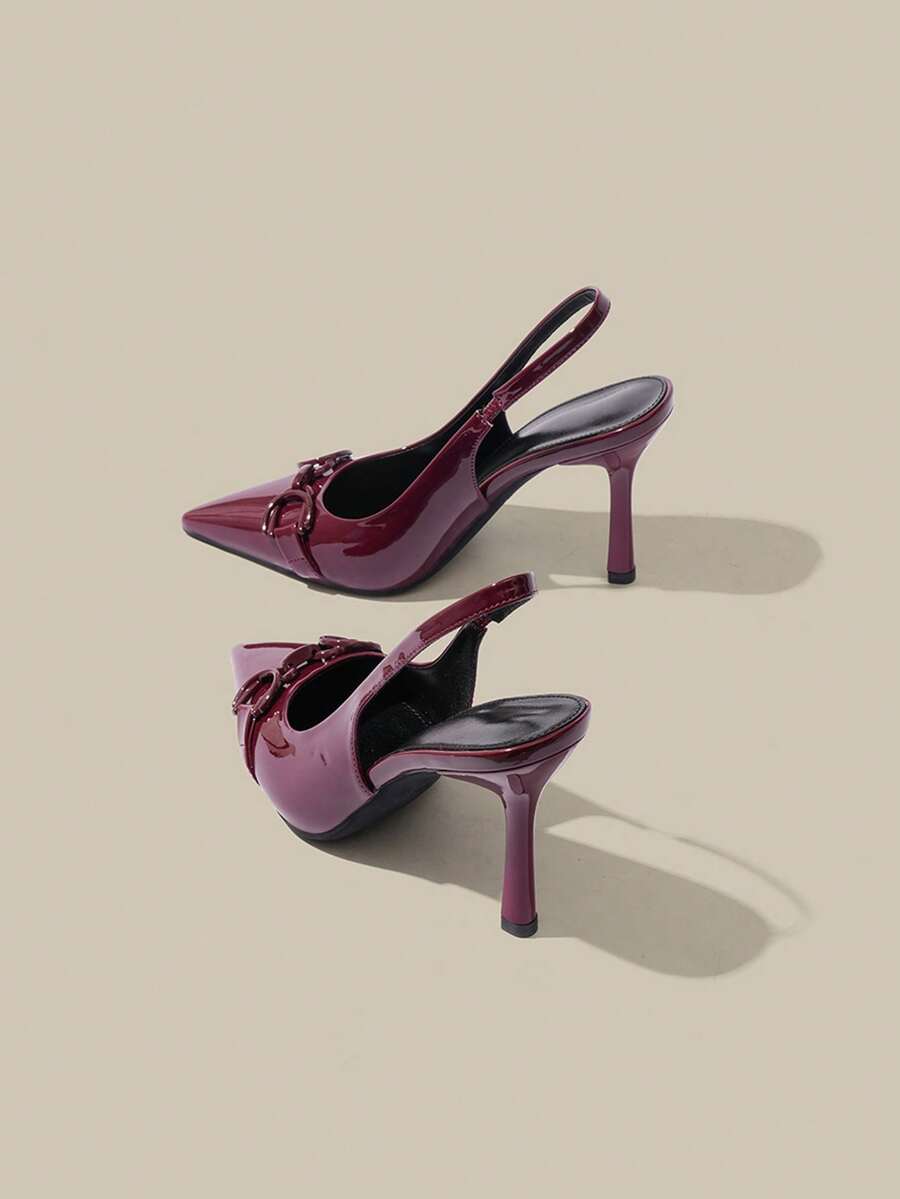 Giày cao gót mũi nhọn thanh lịch cỡ nhỏ dành cho nữ, cao 9.5cm, kiểu dáng slip-on, trang trí màu đỏ tía ánh kim, phù hợp cho đi làm, dự tiệc, đi làm hàng ngày. - Màu Đỏ Sâu - Xem 1