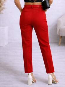 Women's Tailored High-Waisted Trousers With Shaping Belt, Straight Leg, Modern, Slim Fit, Elegant, Premium, Casual, Chic, Party Style - 紅色 - 查看 2