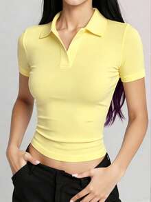 女士春季新款运动Polo衫，休闲修身V领长袖上衣，适合户外高尔夫、休闲、跑步、运动、瑜伽和锻炼 - 淡黃色 - 查看 8