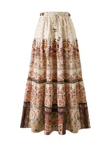 Chân váy maxi nữ EARO, eo chun, họa tiết hoa Bohemian, vải nhiều lớp, váy maxi thường ngày không co giãn. - Cà phê mơ - Xem 1
