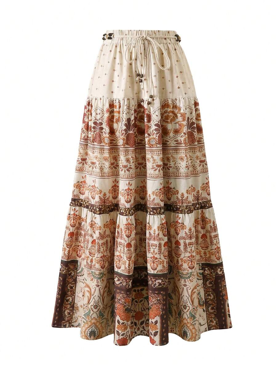Chân váy maxi nữ EARO, eo chun, họa tiết hoa Bohemian, vải nhiều lớp, váy maxi thường ngày không co giãn. - Cà phê mơ - Xem 1