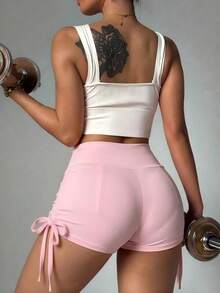 FWH Women's Energetic & Youthful Sports Shorts - High-Waisted Design With Criss-Cross Detail To Flatter The Waistline; Adjustable Drawstring At Leg For Optimized Proportions And Elongated Leg Lines; Slim-Fit Tailoring To Accentuate Curves; Elastic, Comfortable, Breathable And Moisture-Wicking Fabric, Non-Restrictive; Suitable For Fitness, Daily Outings, Campus, Casual Shopping And Outdoor Activities Summer - Pink - View 4