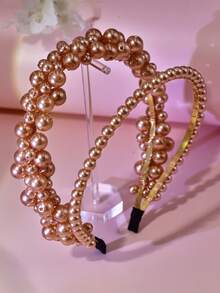 1pc Elegant Champagne Pearl Headband, Fashion Double-Row Princess Style Wide-Brim Headpiece, Suitable For Bride, Wedding, Engagement, Holiday Party, Daily Casual Wear - Champagne - View 8