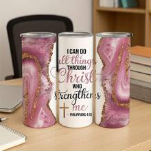 1pc 20oz Stainless Steel Tumbler, 'I Can Do All Things Through Christ' Bible Verse Design With Pink Geode And Golden Glitter, With Lid And Straw, Keep Hot 6H Ice Drinks 12H, Christian Kitchen Accessories, Inspirational Gift For Faithful Women - 白色 - 查看 7