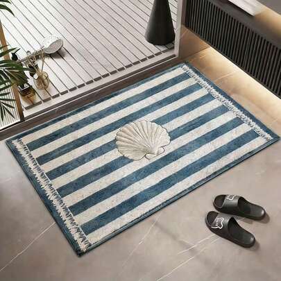 1pc Blue Striped Seashell Creative Gift Doormat, Small Rug, Welcome Mat, Carpet, Floor Mat, Outdoor Doormat, Kitchen Rug, Home Decor, Front Door Mat, Area Small Rug, Outdoor Mat, Home Decor, Area Rug, Garden Rug, Washable Carpet