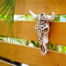 1件树脂复古牛头挂饰 - 空心雕刻牛头骨墙饰配件，室内/室外农舍风格墙面装饰工艺品 - 白灰 - 查看 3