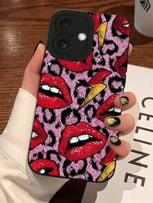 1pc Fashionable Leopard Print Red Lip Pattern Black Phone Case, TPU Shockproof Full Coverage Protective Shell, Suitable For IPhone 17/17 Pro/17Pro Max/17 Air/16/16e/16Plus/16Pro/16Pro Max/15/15Plus/15Pro/15Pro Max/14/14Plus/14Pro/14Pro Max/13/13Mini/13Pro/13Pro Max/12/12Mini/12Pro/12Pro Max/11/11Pro/11Pro Max/7/7Plus/8/8Plus/X/Xs/Xs Max/Xr, Durable Full Protection, Fashionable Anti-Drop Design, Suitable For Party Use Or Gift Giving - Black - View 2