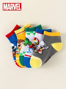 Marvel 5 Pairs Set Thor Pattern Children's Socks, Ruffle Socks, Black & White Striped Mid-Calf Socks, Girls & Boys Short Socks, Soft Breathable Ankle Socks, Non-Slip Boat Socks, Cartoon Ankle Socks, Suitable For Halloween, Valentine's Day - Multicolor - View 3