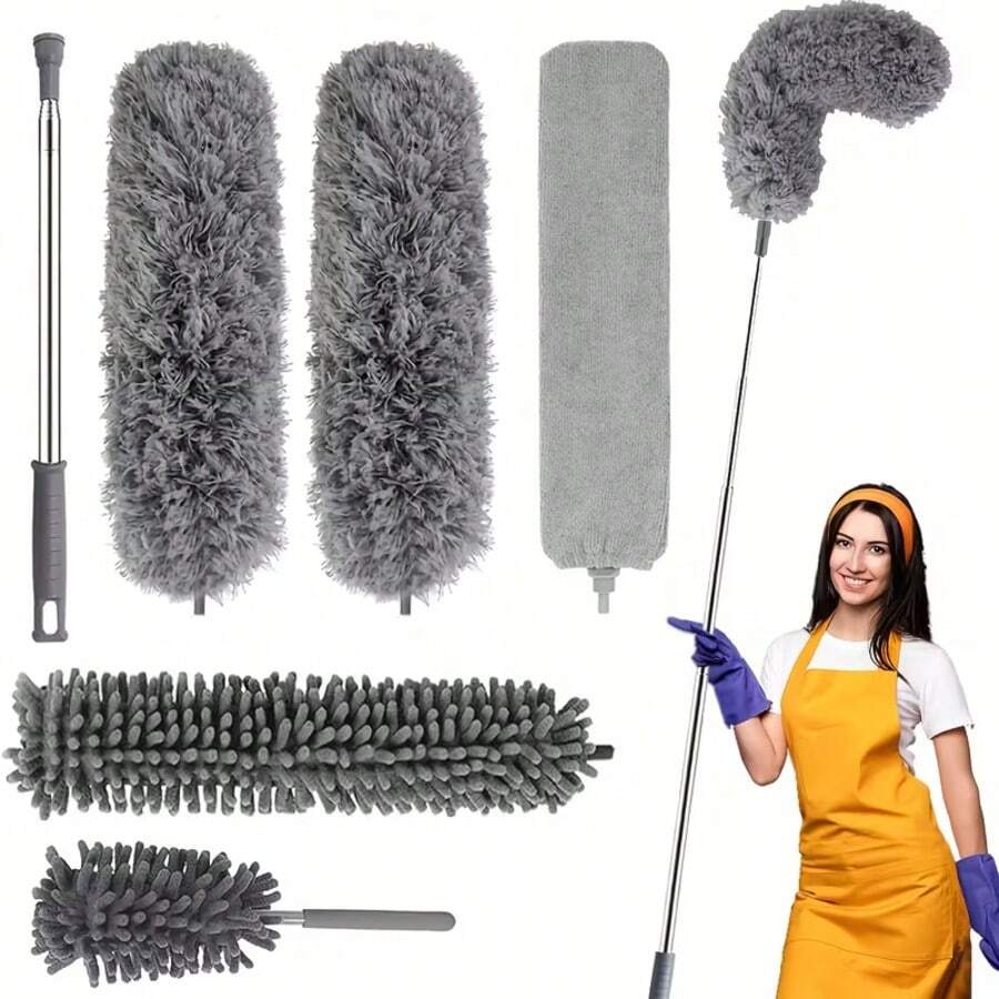Chổi phủi bụi siêu dài bằng sợi microfiber, cán thép không gỉ có thể kéo dài 111 inch, thích hợp cho quạt trần cao và vệ sinh xe hơi, màu xám, chổi phủi bụi.