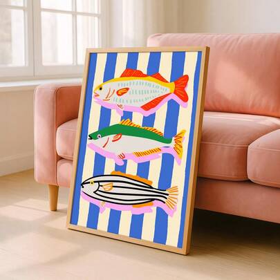 1 pieza Póster de lienzo con peces sardinas enmarcado/sin enmarcar, arte de pared de peces a rayas azules y coloridos, impresión minimalista y estética, decoración de dopamina para apartamento, sala de estar, comedor, decoración moderna del hogar