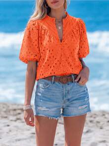 PRETTYGARDEN Women's Summer Clothes Tops Fashion Casual Short Sleeve V Neck Buttons Hollow Eyelet Lace Embroidered Blouses Shirts Festival  Beach Vacation - 橘色 - 查看 5