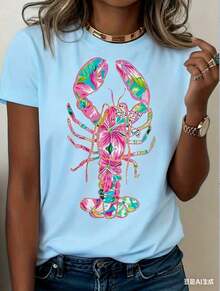 Women's Lobster Pattern T-Shirt - Soft Pink And Turquoise Coastal Print, Loose Fit, Short Sleeves, Round Neck, Lightweight And Breathable Summer Beach Party Top, Vibrant Lobster Design, Women's Casual Everyday Shirt, Machine Washable,  Gift Choice (New Stylish T-Shirt) - 藍色 - 查看 3
