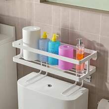 Estante de almacenamiento sobre el inodoro organizador de baño sobre el inodoro de gran capacidad que ahorra espacio instalación sin taladro acero grueso resistente al óxido Blanco 1 Nivel - Blanco - Ver 6