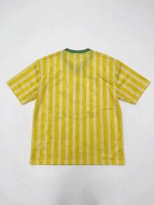 男士巴西风黄色条纹网眼足球服，复古10号图案T恤，时尚绿色和黄色透气上衣，现代宽松落肩运动T恤，夏季速干休闲足球服。 - 黃色 - 查看 4