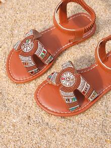 1 Paar Mädchen Perlen Strass Elefanten Dekor atmungsaktive Futter Slip-On Sandalen, leichte rutschfeste Gummisohle, offene Zehenpartie, elastischer Knöchelriemen, flach, vielseitiger exotischer Stil Mädchen Sandalen für den täglichen Gebrauch, Schule, Familienausflüge - Braun - Übersicht 7