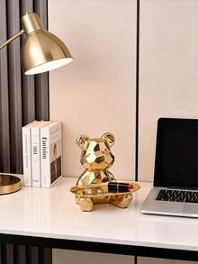 1pc Abstract Ceramic Electroplated Bear Sculpture With Tray Storage Organizer, Key And Cosmetic Storage Plate, Decorative Statue With Coin Bank And Bookshelf. Best Gifts Birthday Graduation - Gold - View 4