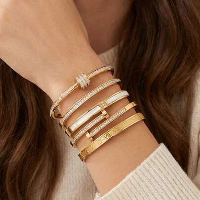 5pcs/Set/1pc Minimalist Elegant Luxury Sparkling Star Bangle Bracelets, High-End Titanium Steel Bracelets For Women