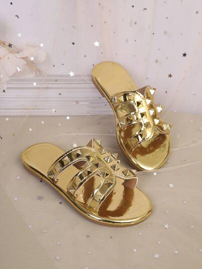 儿童金色铆钉单带镜面PU露趾软底夏季户外拖鞋，沙滩公主鞋