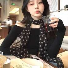 1条棕色波点图案围巾，多功能领带，2026新款时尚女装配饰，适合日常搭配，可用作头巾、连衣裙或外套领口装饰。 - 彩色 - 查看 4
