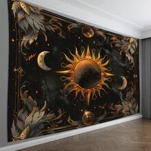 波希米亞風太陽與星星壁掛掛毯，橘色與黑色天體設計，含行星、月亮與花卉圖案，聚酯纖維布料，適用客廳、臥室、辦公室裝飾 - 13 - 查看 1