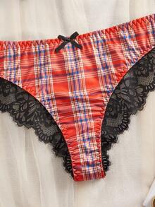 Plus Size Women's Lingerie Set, Vintage Plaid Print Patchwork Black Lace Underwire Bra And Panty 2-Piece Set - Đỏ - Xem 7