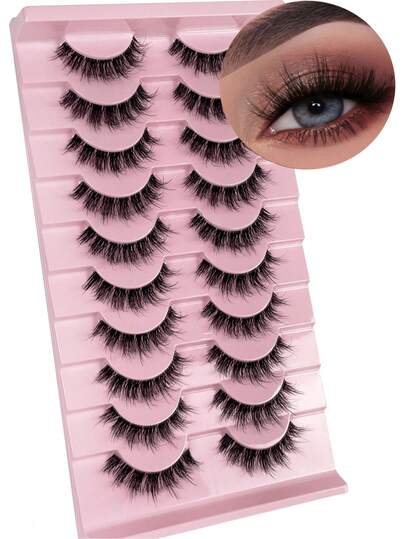 10 pares de pestañas de ojo de gato esponjosas, desordenadas, suaves, naturales y largas con banda transparente, con extremos alados que alargan los ojos, pestañas postizas de efecto de visón natural, adecuadas para amantes de la belleza