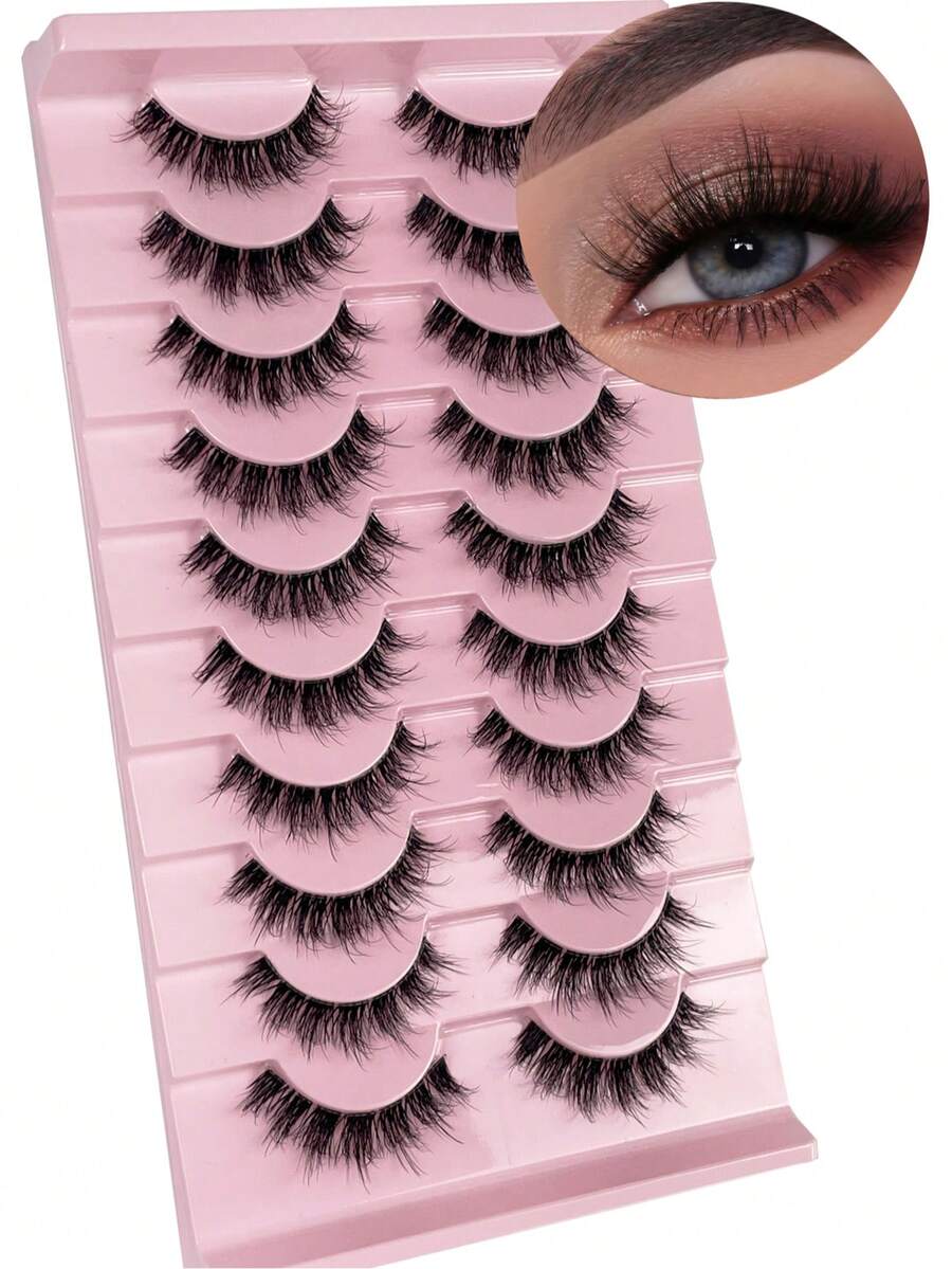 10 pares de pestañas de ojo de gato esponjosas, desordenadas, suaves, naturales y largas con banda transparente, con extremos alados que alargan los ojos, pestañas postizas de efecto de visón natural, adecuadas para amantes de la belleza
