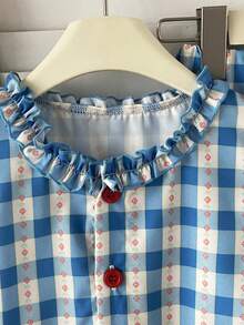 女童休闲修身格子衬衫长裤套装，夏季 - 淺藍色 - 查看 3